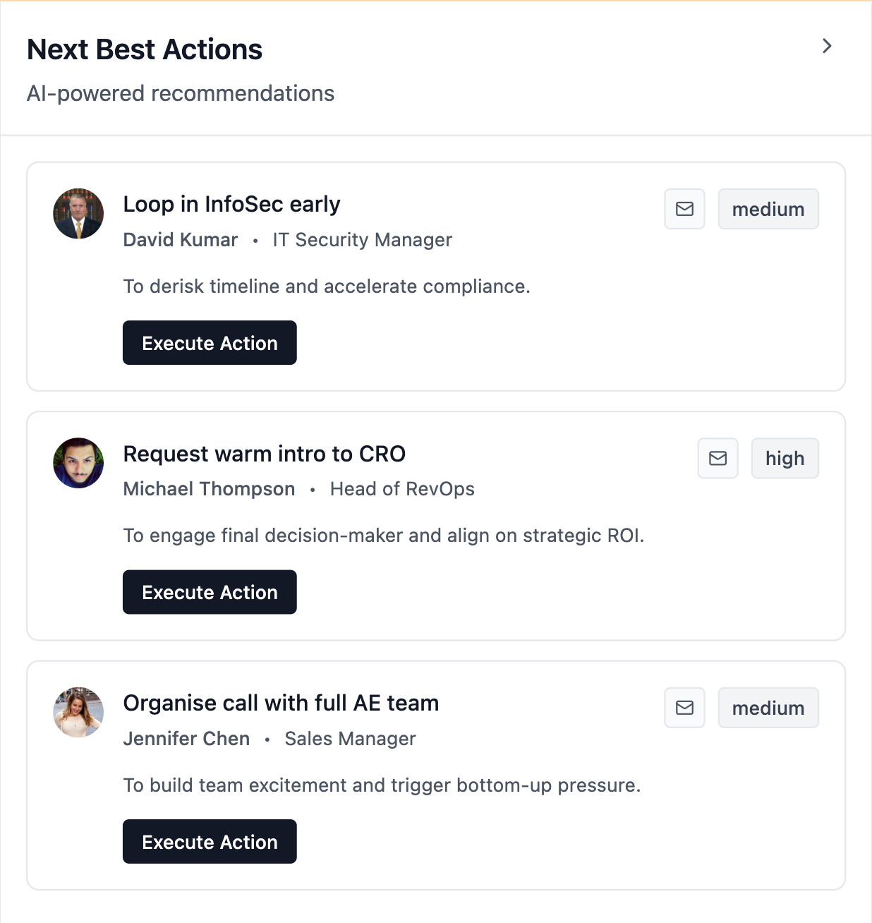 AI-powered next best actions recommendations with priority levels